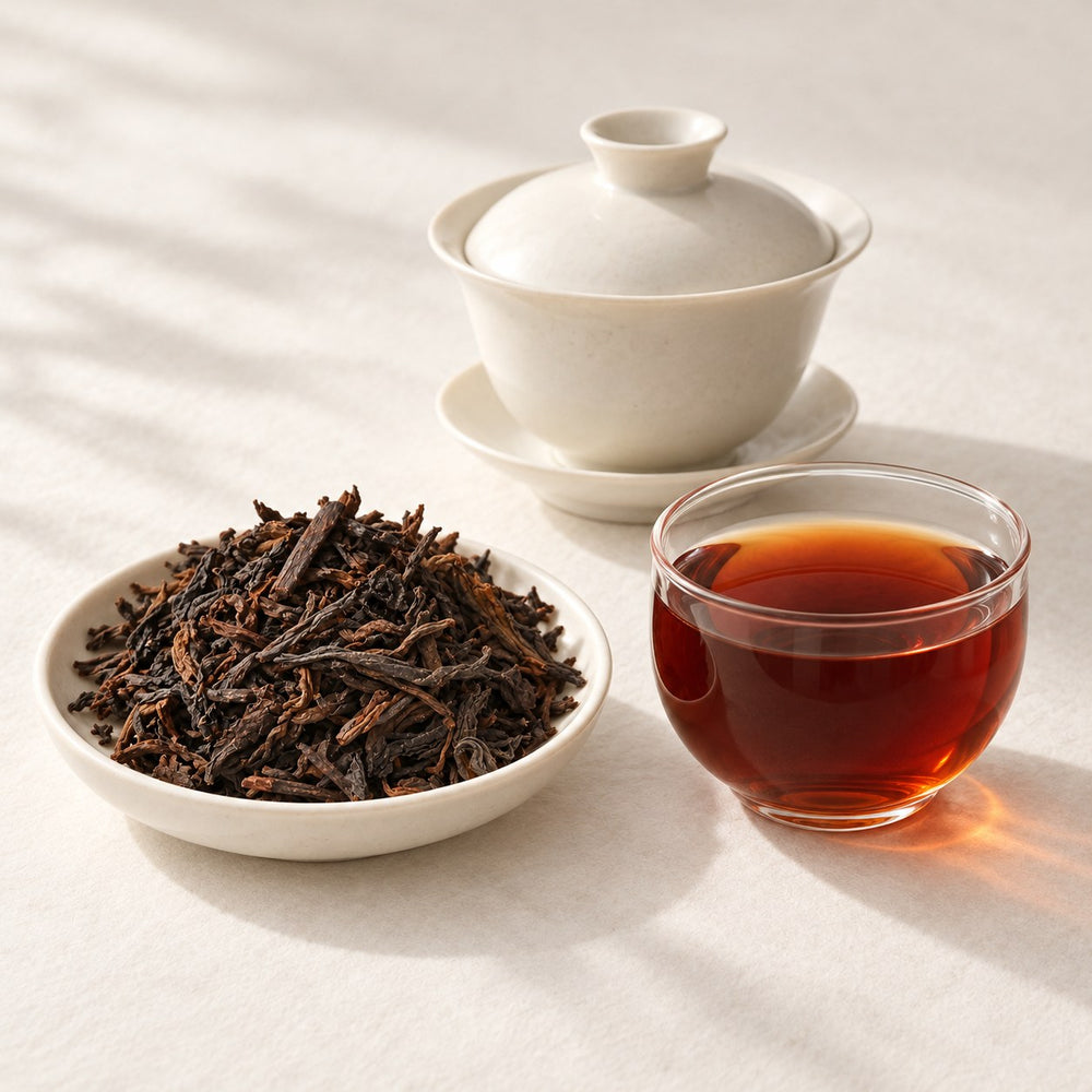 AI brewing scene concept — Liu Bao Dark Tea — Wuzhou, Guangxi