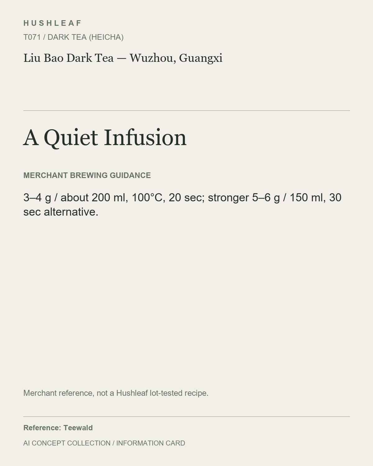 AI concept collection — brewing information card — Liu Bao Dark Tea — Wuzhou, Guangxi