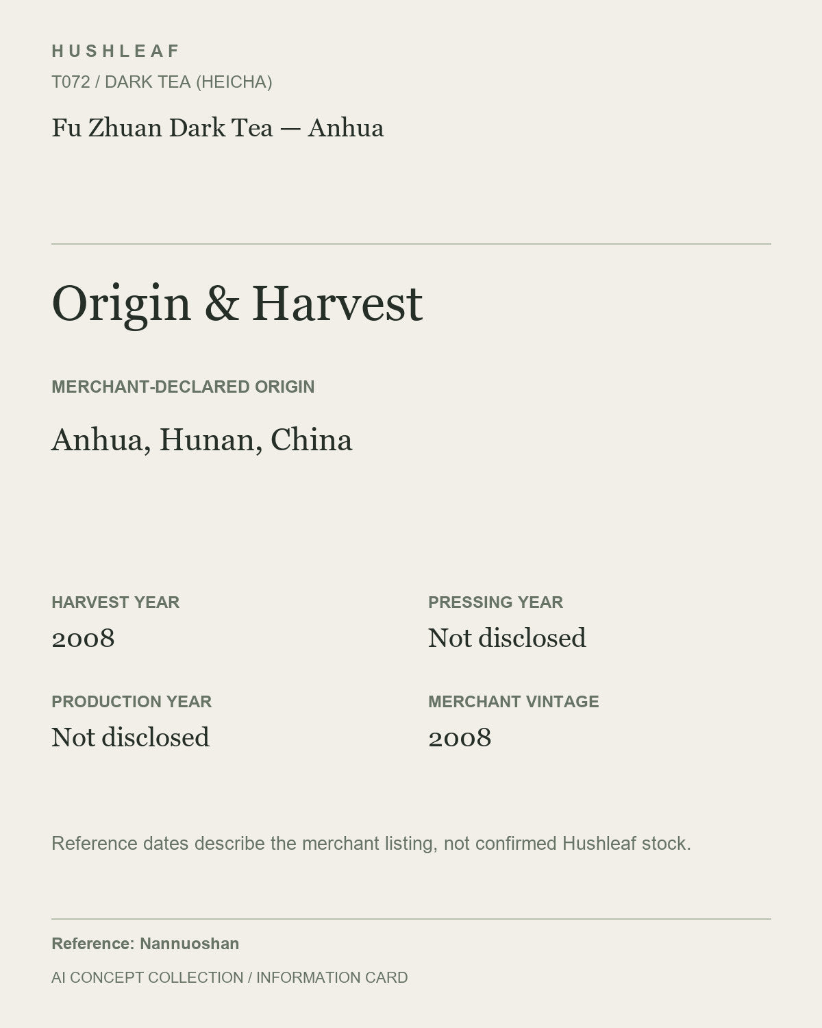 AI concept collection — origin harvest information card — Fu Zhuan Dark Tea — Anhua