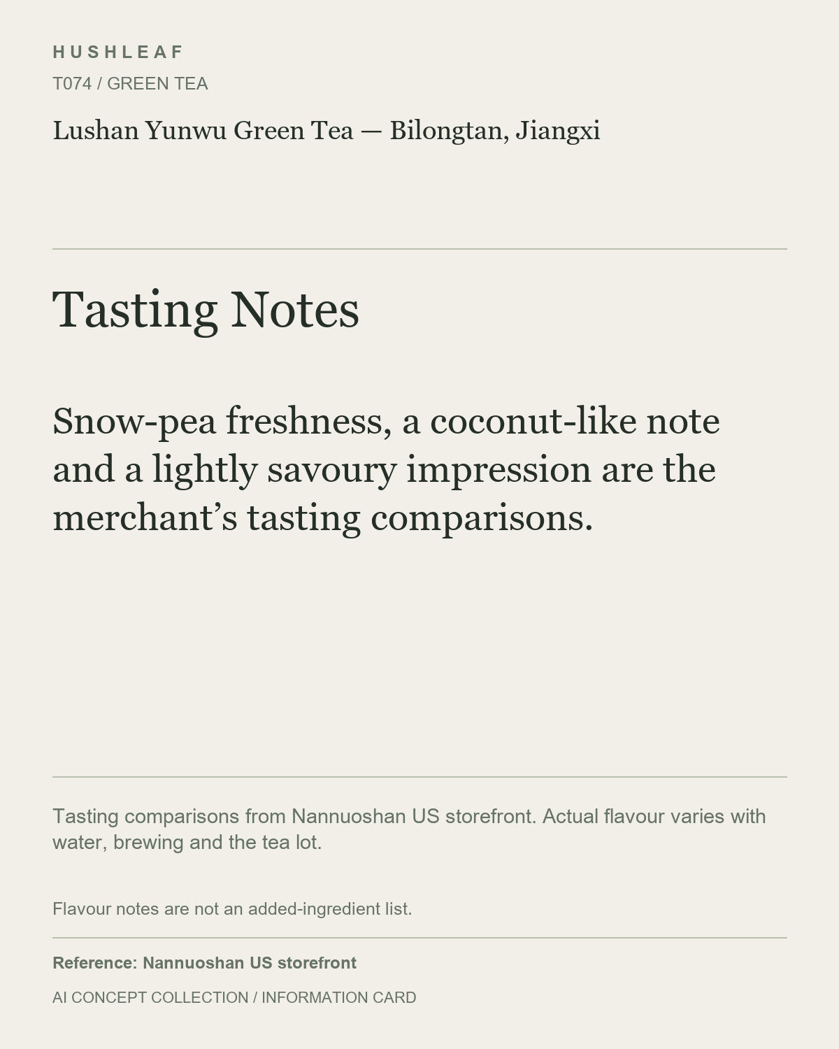 AI concept collection — tasting information card — Lushan Yunwu Green Tea — Bilongtan, Jiangxi