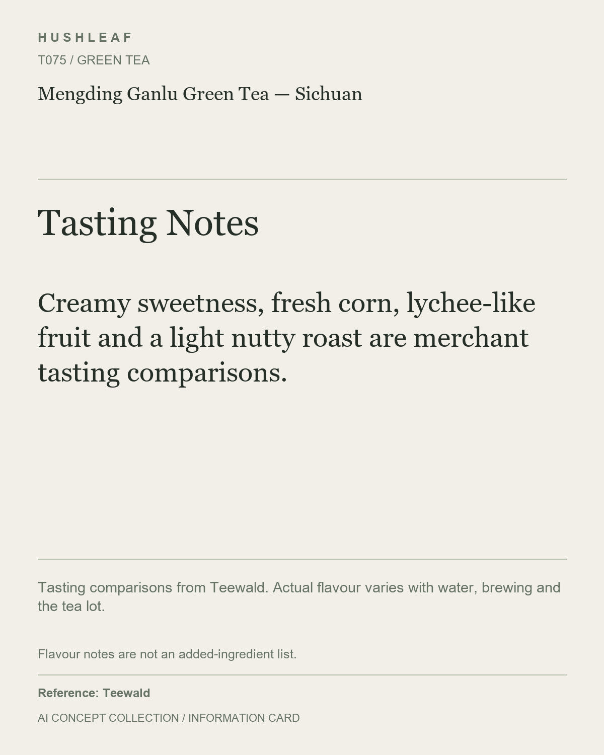 AI concept collection — tasting information card — Mengding Ganlu Green Tea — Sichuan