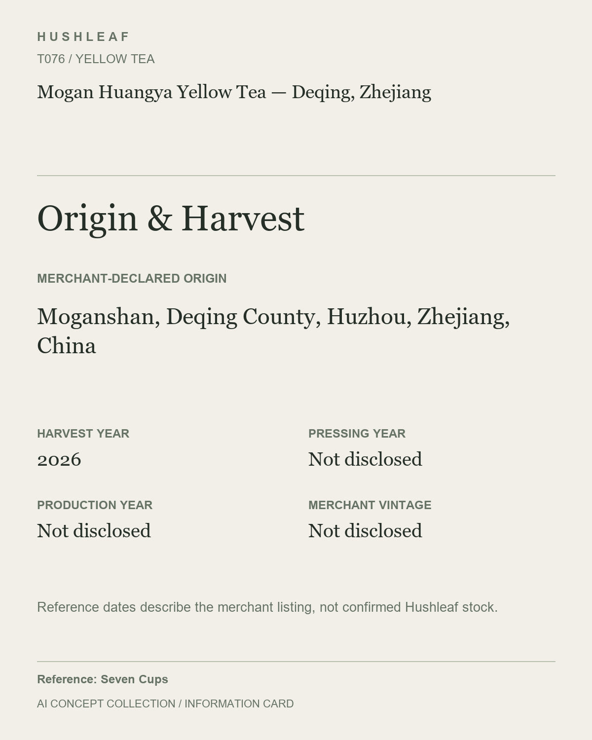 AI concept collection — origin harvest information card — Mogan Huangya Yellow Tea — Deqing, Zhejiang