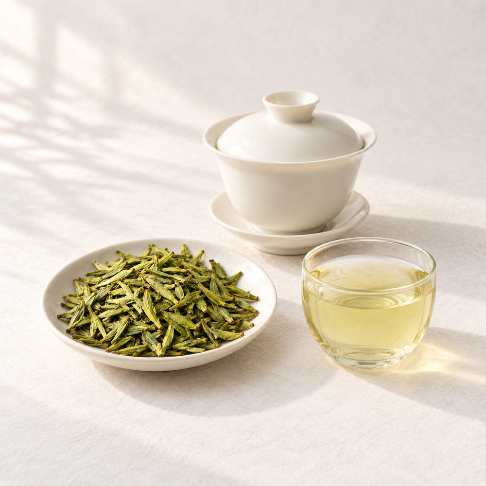 AI brewing scene concept — Zhu Ye Qing Green Tea — Emei Mountain, Sichuan