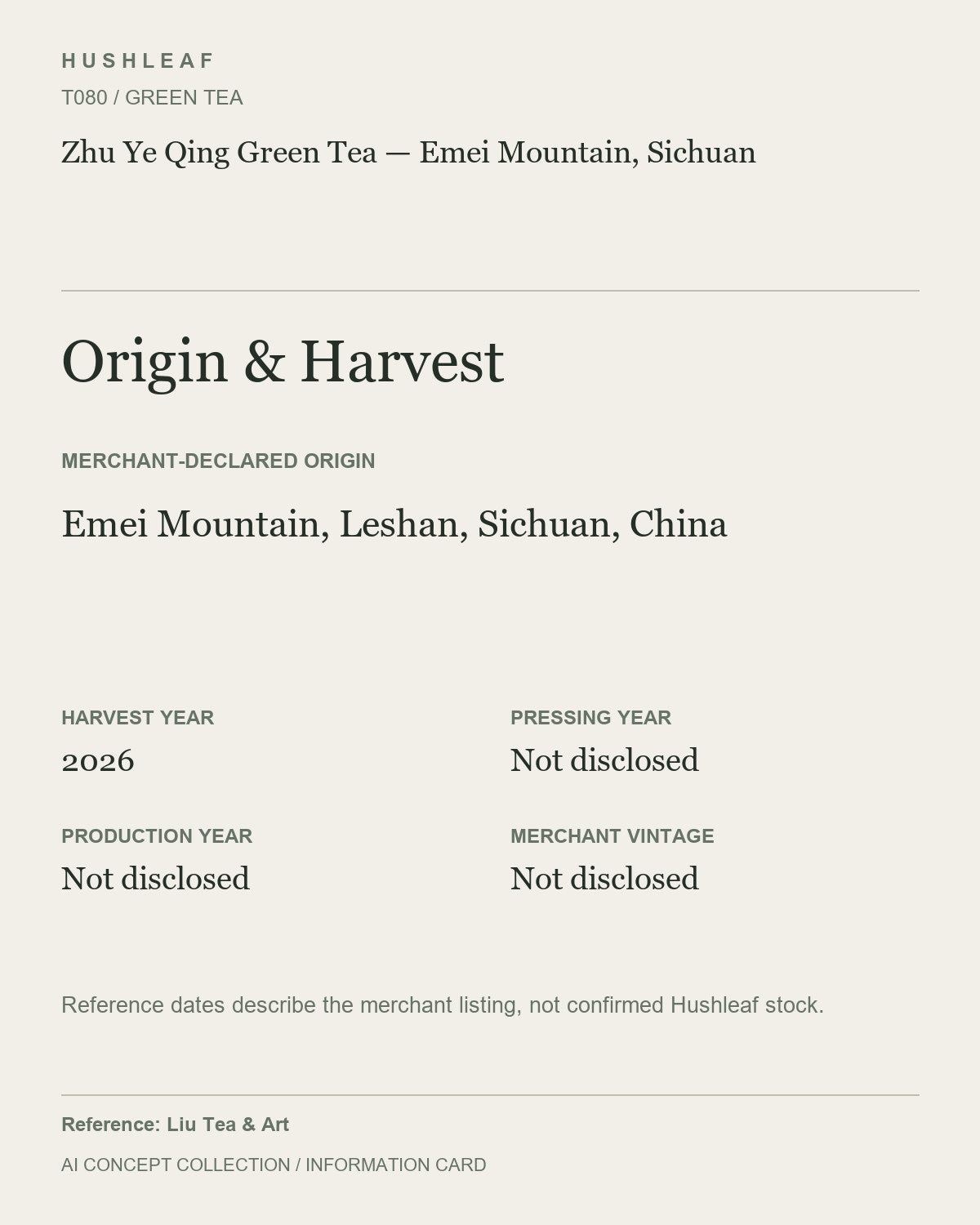 AI concept collection — origin harvest information card — Zhu Ye Qing Green Tea — Emei Mountain, Sichuan