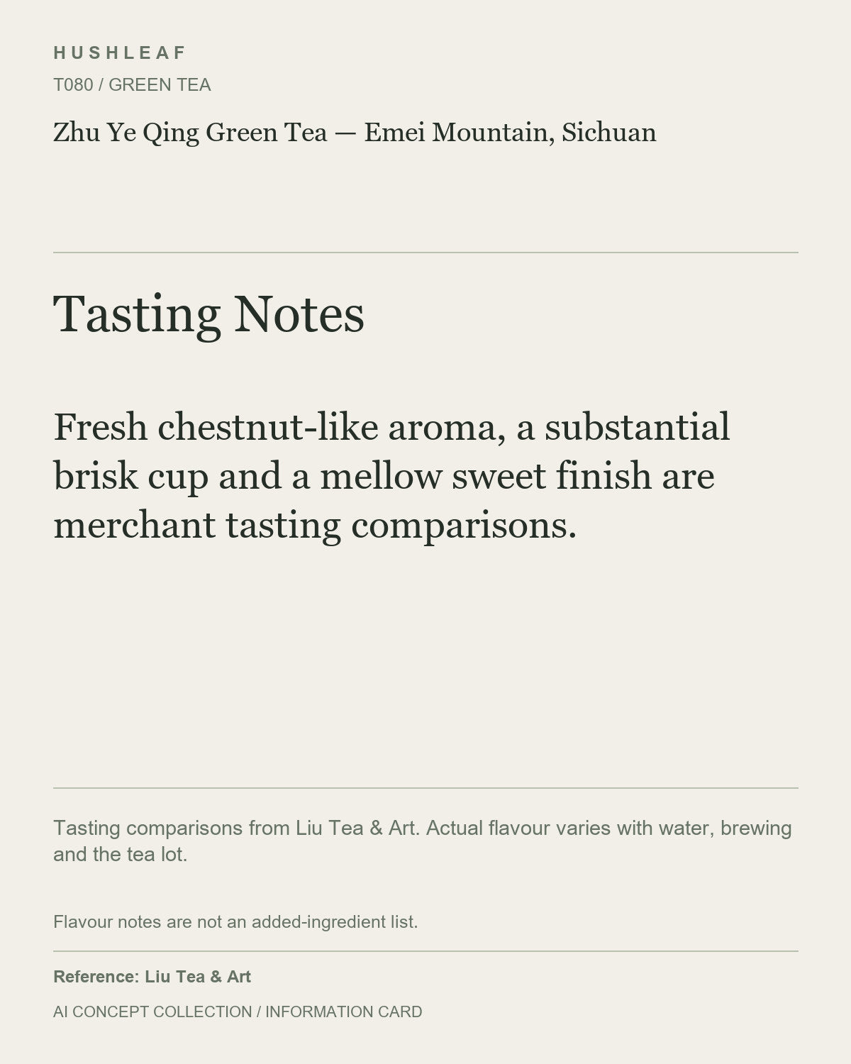 AI concept collection — tasting information card — Zhu Ye Qing Green Tea — Emei Mountain, Sichuan