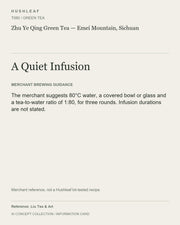 AI concept collection — brewing information card — Zhu Ye Qing Green Tea — Emei Mountain, Sichuan