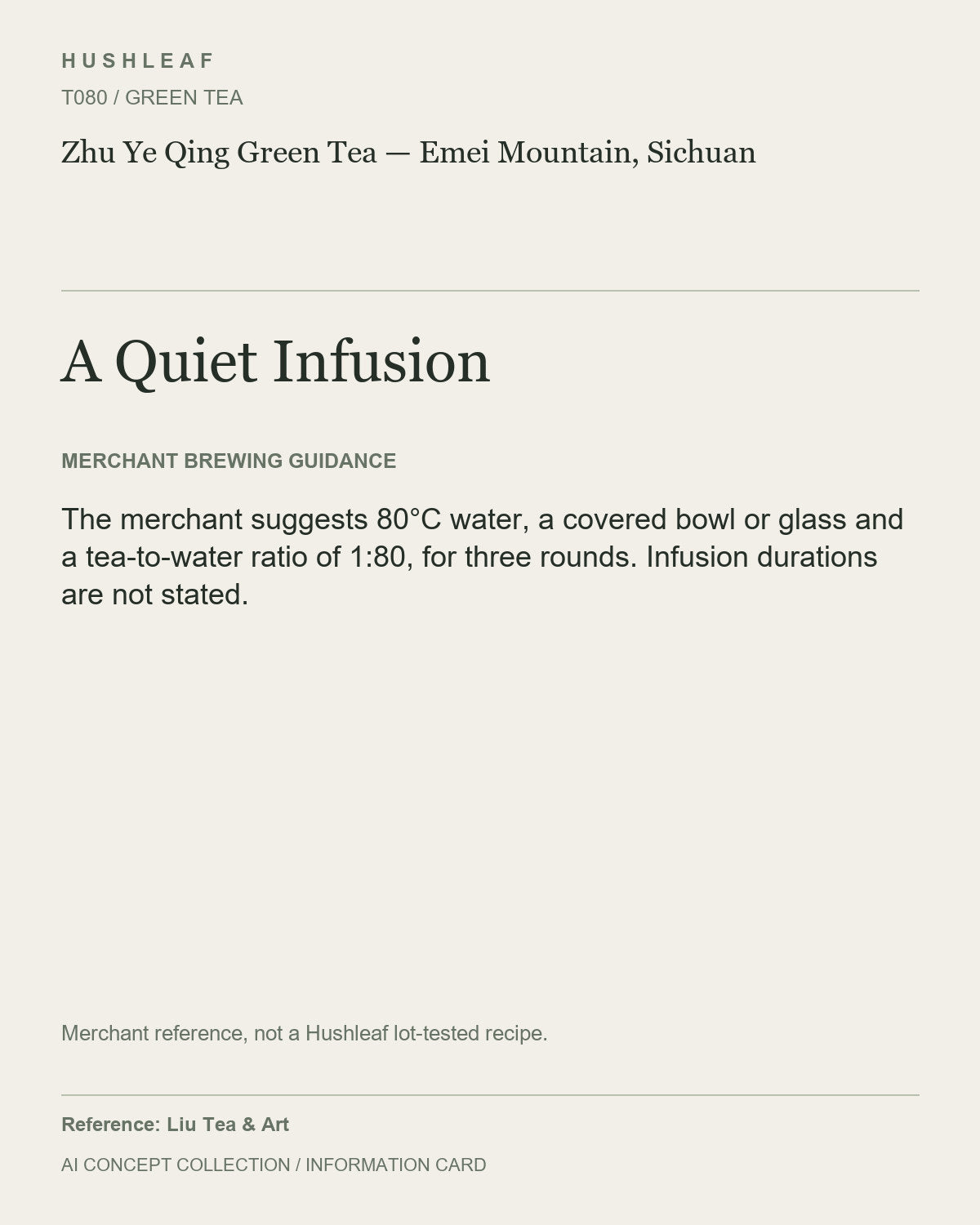 AI concept collection — brewing information card — Zhu Ye Qing Green Tea — Emei Mountain, Sichuan