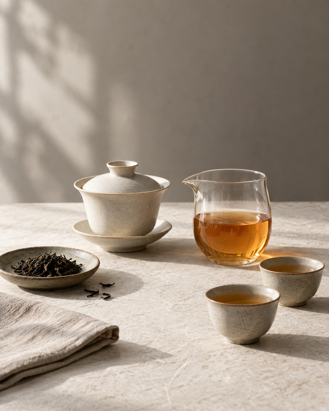 A complete tea ritual with loose leaves and teaware